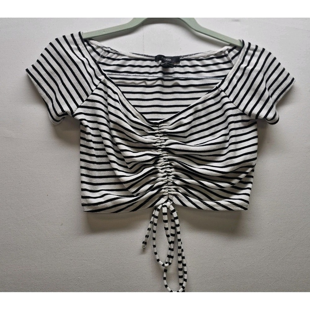 Forever 21 Black White Striped Ribbed Crop Top Cap Sleeve Ruched Cinch Boho‎